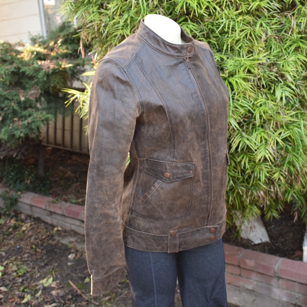 WOMEN'S FOX RIDERS LEATHER JACKET DISTRESSED - Picture 2 of 7